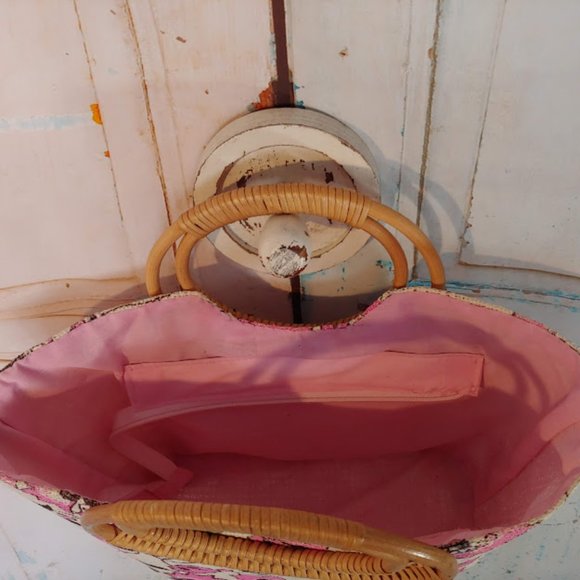 *no tag VINTAGE style purse handbag w burlap texture rattan handle pink & cream - Picture 3 of 16